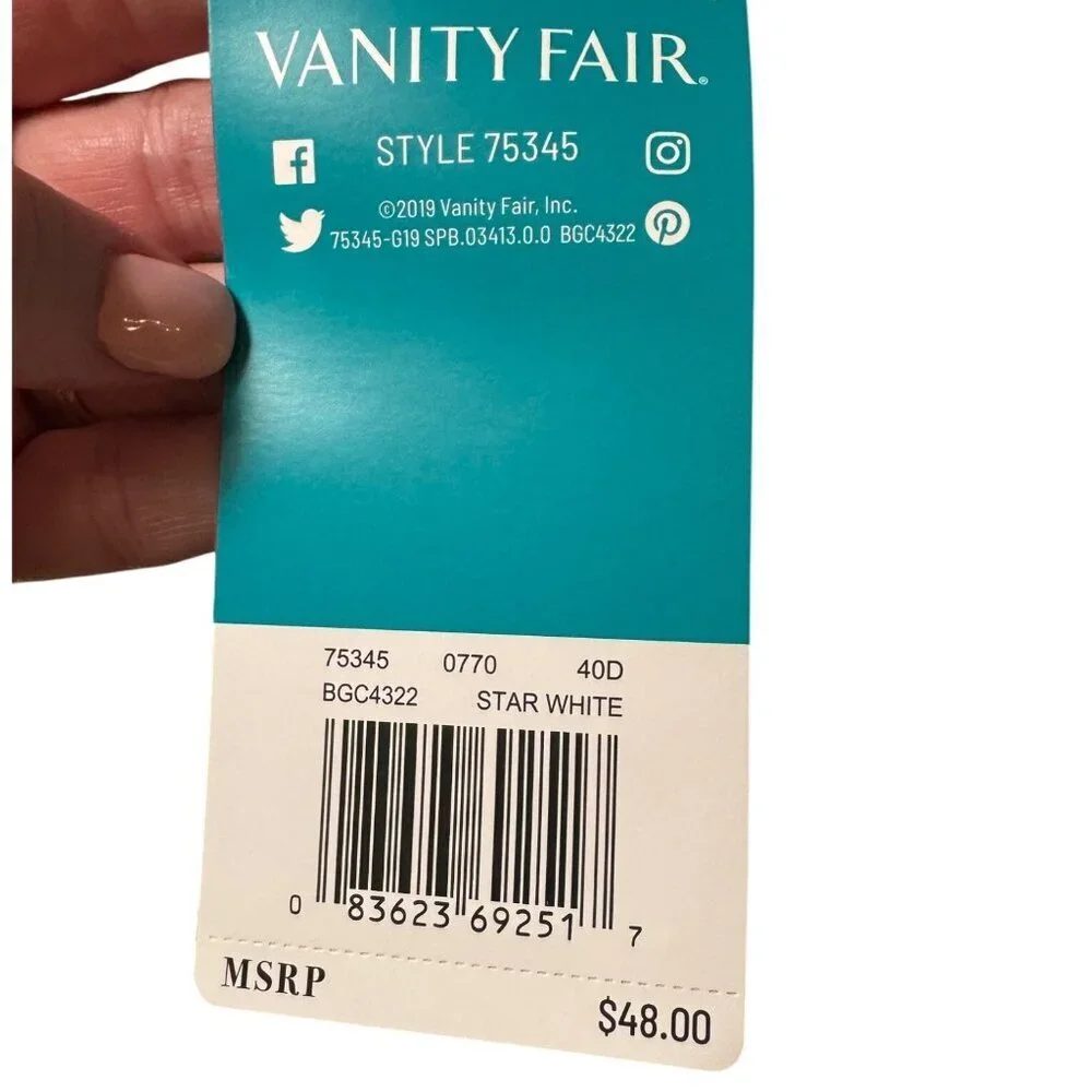 Vanity Fair NEW 40D White Beauty Back Bra Undewire Full Coverage Light Padding